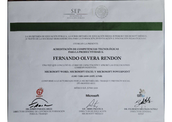Miniatura del certificado: Certificación Excel — Fernando Olvera