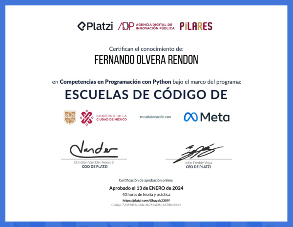 Miniatura del certificado: Certificación Python — Fernando Olvera