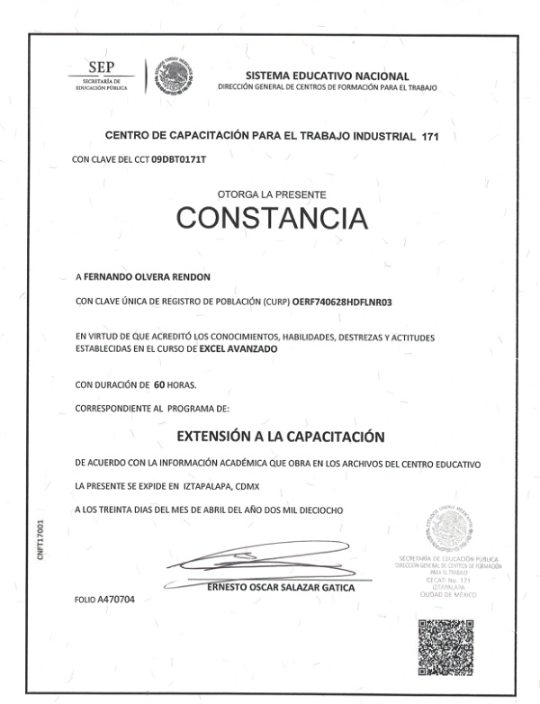 Miniatura del certificado: Constancia Excel Avanzado — Fernando Olvera
