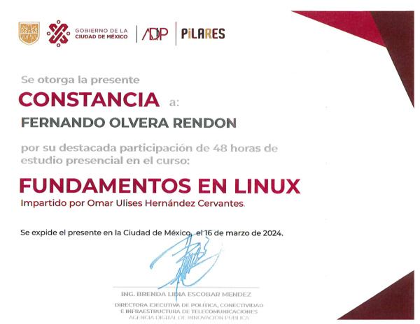 Miniatura del certificado: Curso Linux — Fernando Olvera