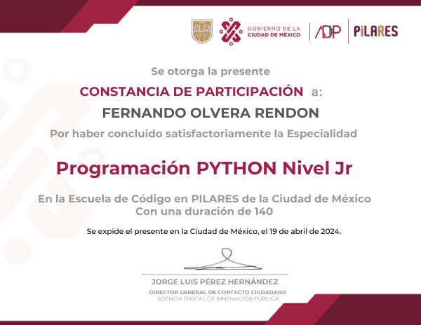 Miniatura del certificado: Diplomas Python — Fernando Olvera